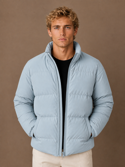 Men's Quilted Puffer Jacket, Regular Fit Winter Coat with Full-Length Zip and Hand Pockets - Light Blue