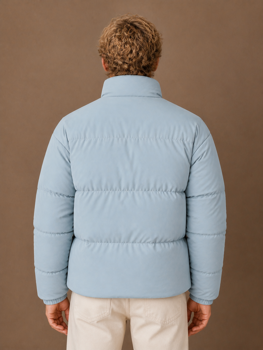 Men's Quilted Puffer Jacket, Regular Fit Winter Coat with Full-Length Zip and Hand Pockets - Light Blue - Back View [AI-OPT:7ed88ba3-6b24-44f3-8efd-1208ba20ad80]