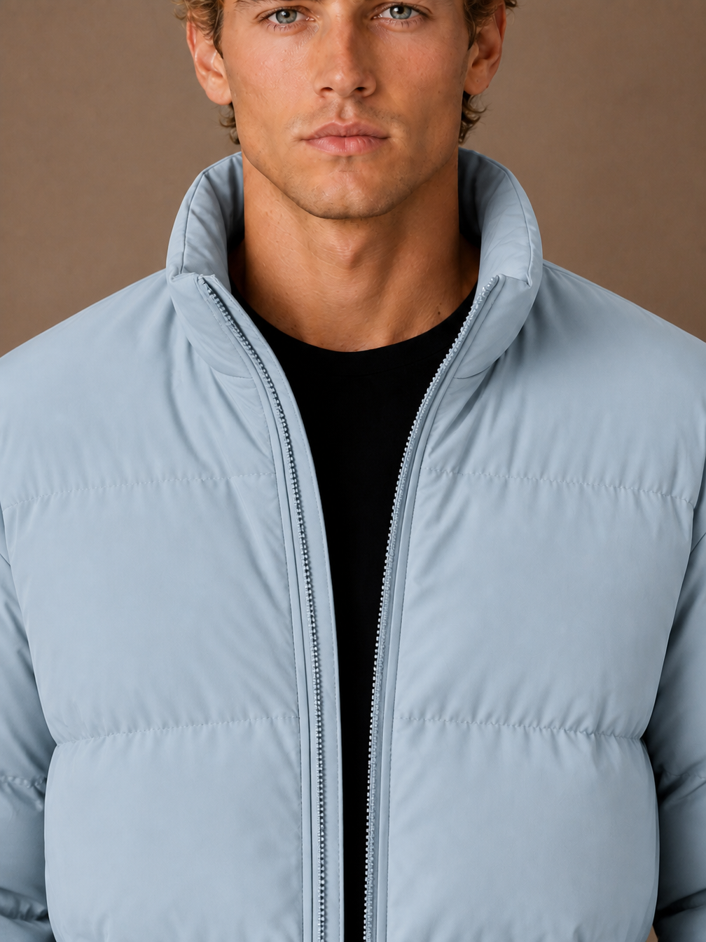 Men's Quilted Puffer Jacket, Regular Fit Winter Coat with Full-Length Zip and Hand Pockets - Light Blue - Detail Close-Up [AI-OPT:398a1acd-a33c-40b3-9f7c-a7ec5960a0dc]