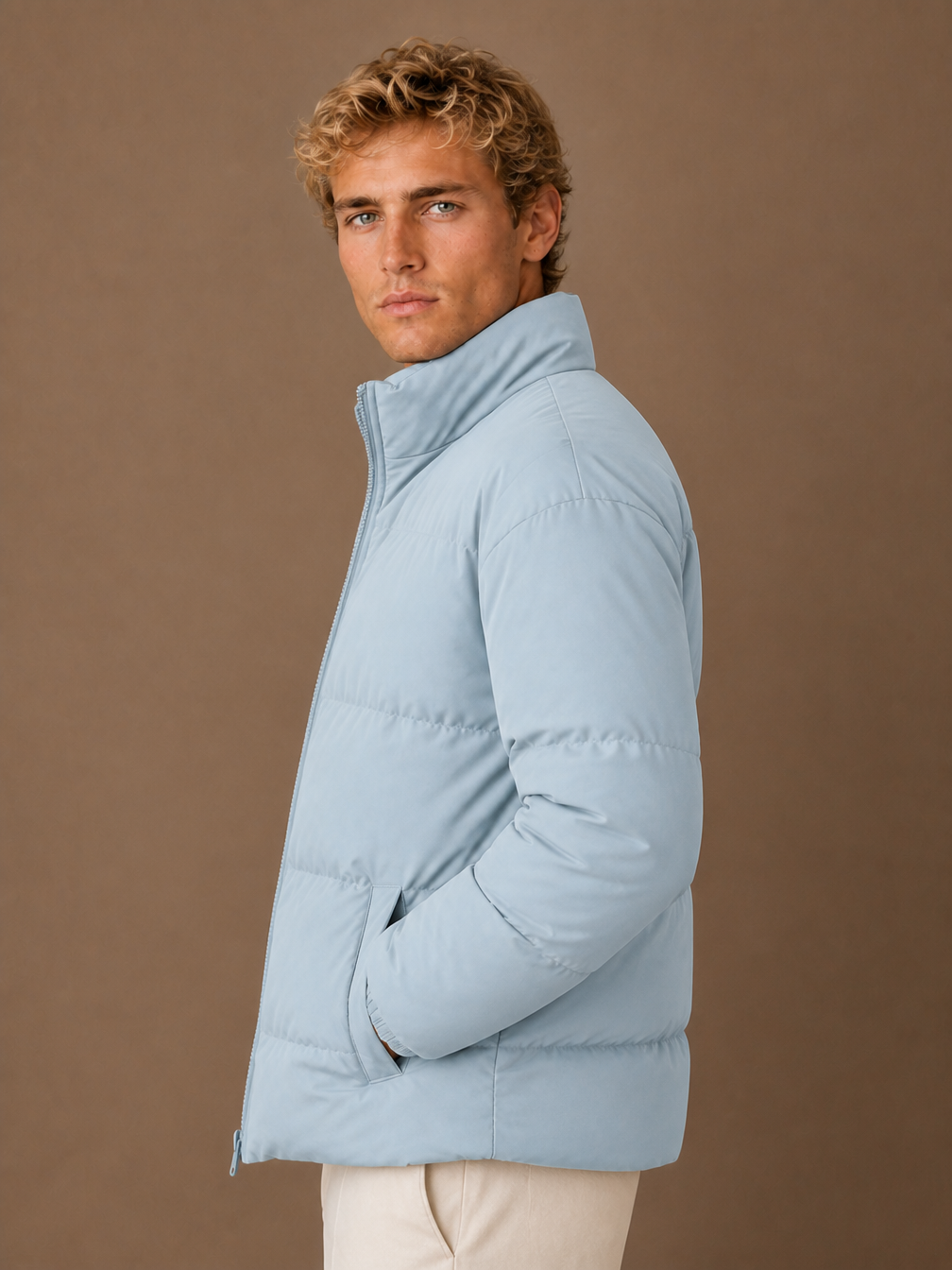 Men's Quilted Puffer Jacket, Regular Fit Winter Coat with Full-Length Zip and Hand Pockets - Light Blue - Side View [AI-OPT:af1dde89-b54a-4d09-8f99-73bdaae40d56]