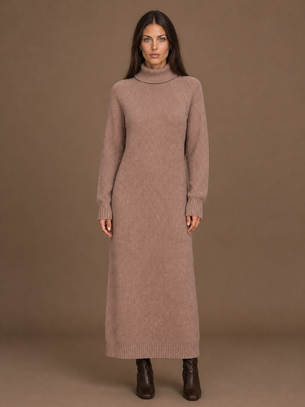 Women's Turtleneck Sweater Dress - Ribbed Knitted Winter Maxi Dress - Light Brown