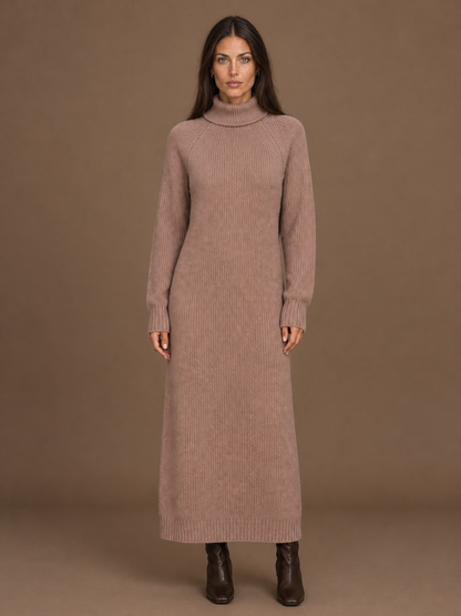 Women's Turtleneck Sweater Dress - Ribbed Knitted Winter Maxi Dress - Light Brown