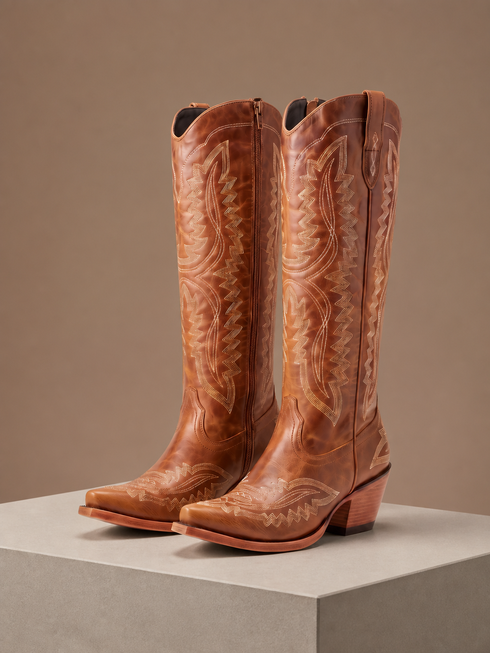 Women’s Knee-High Western Cowboy Boots with Pointed Toe and Contrast Stitching - Light Brown