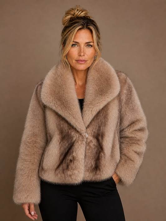 Women's Cropped Faux Fur Coat - Fluffy Winter Puffer Coat with Clasp Button Fastening - Light Brown