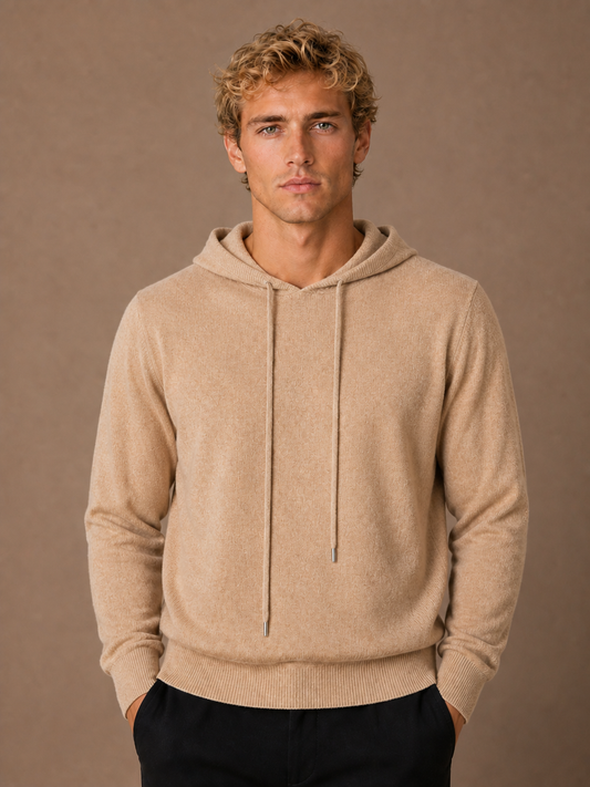 Men’s Pullover Hoodie with Adjustable Hood and Ribbed Cuffs - Light brown