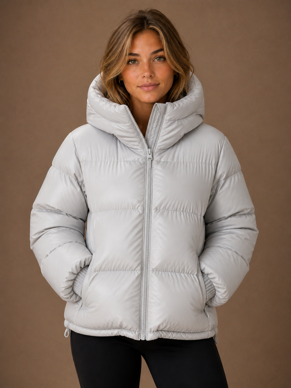 High-Collar Hooded Puffer Jacket for Women – Navy, Black, Light Grey or Army - Light Gray