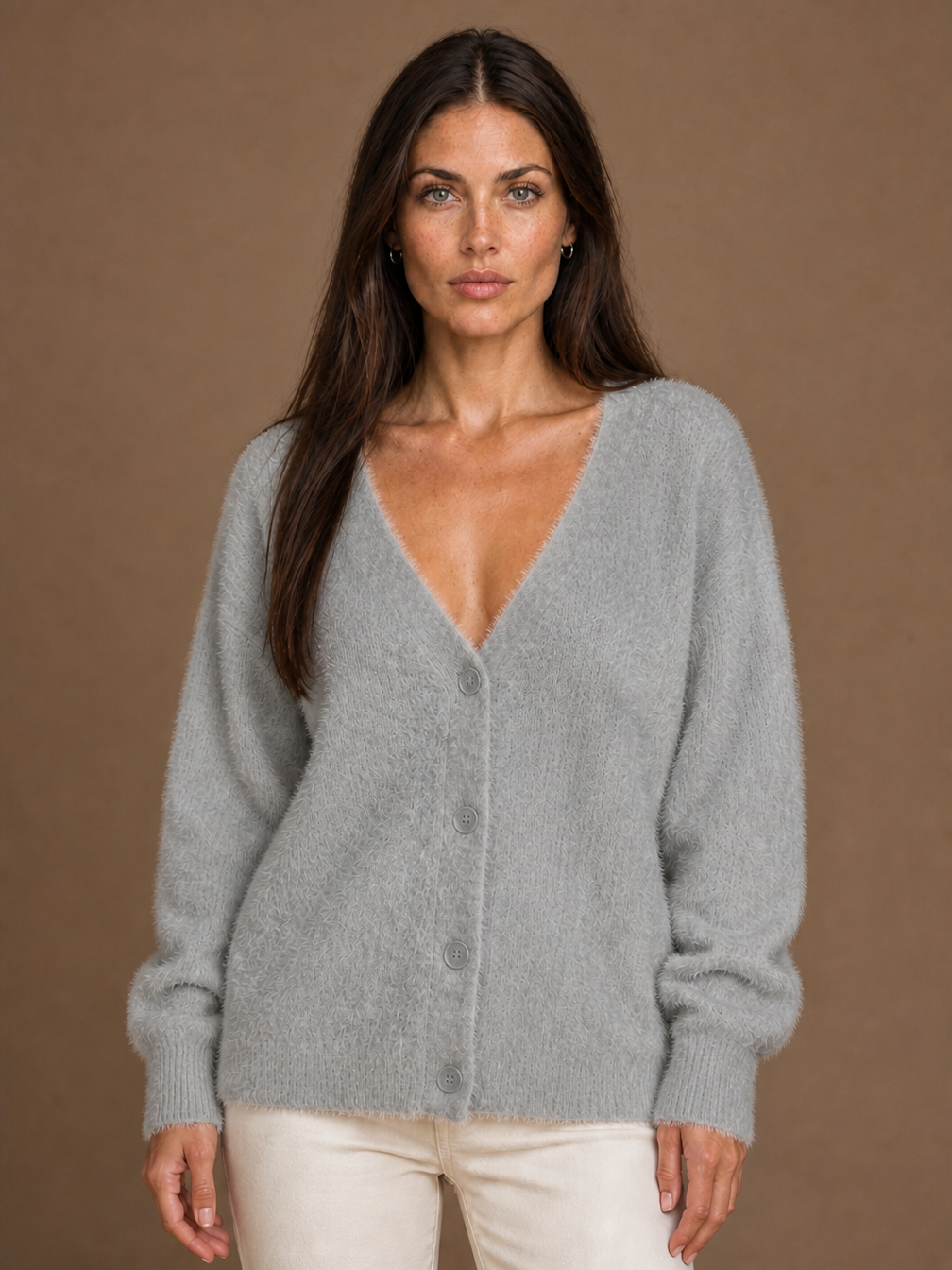 Oversized Faux Cashmere Cardigan with Soft, Cosy Feel - Light Gray Fur