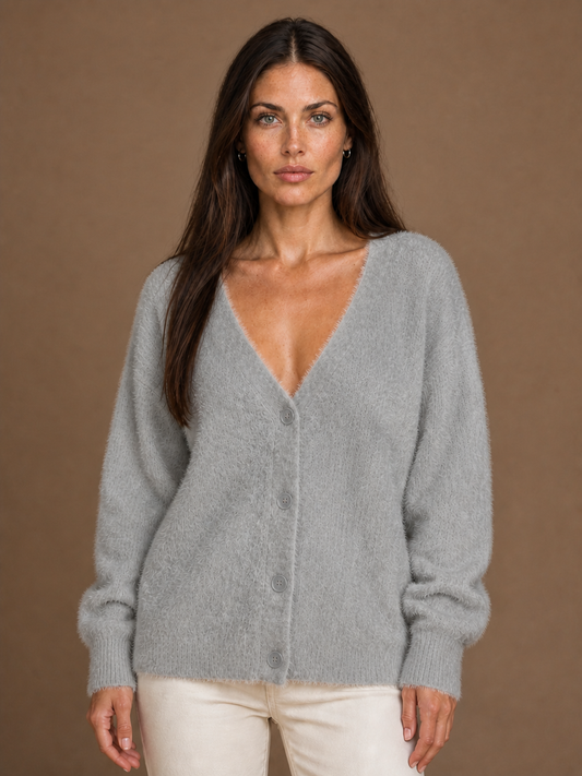 Oversized Faux Cashmere Cardigan with Soft, Cosy Feel - Light Gray Fur