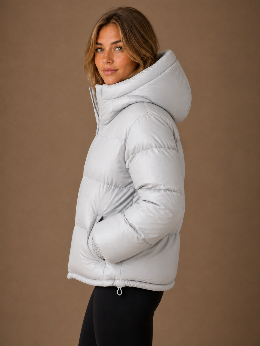 Women's Oversized High-Collar Hooded Puffer Jacket - Warm Padded Winter Coat - Light Gray - Side View [AI-OPT:dd323dab-c31e-49d4-916d-9f479b3bd727]