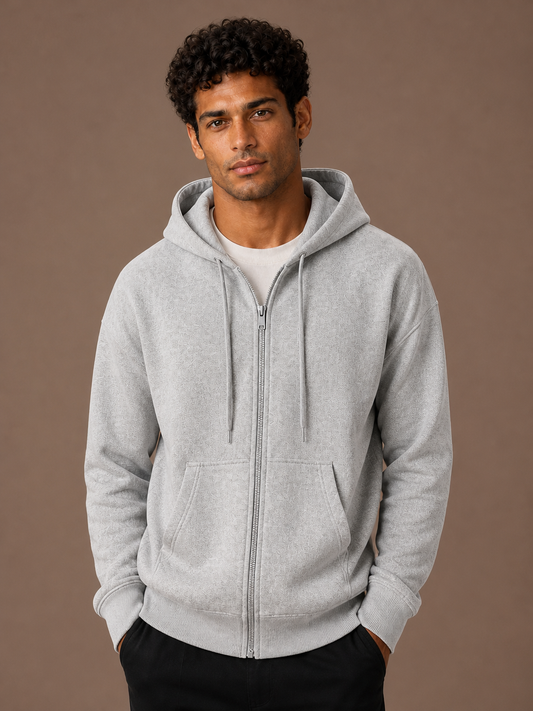 Men's Full-Zip Hoodie Sweatshirt with Long Sleeves - Light Grey