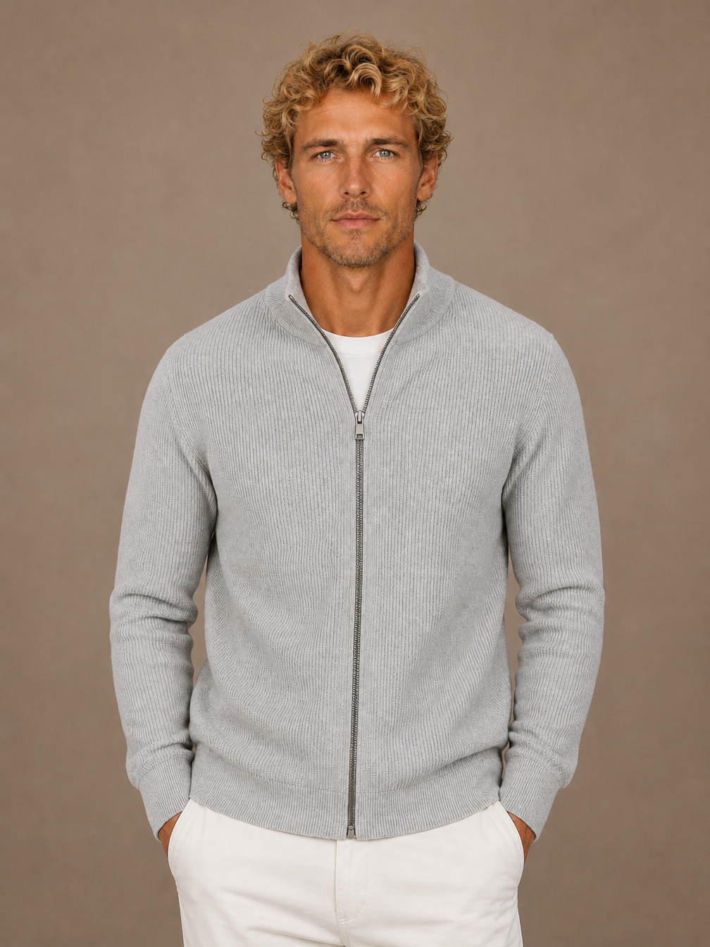 Men’s Ribbed Full Zip Cardigan with Stand Collar – Knitted Sweater for Autumn and Winter - Light Grey