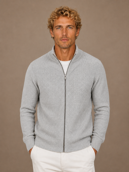 Men’s Ribbed Full Zip Cardigan with Stand Collar – Knitted Sweater for Autumn and Winter - Light Grey