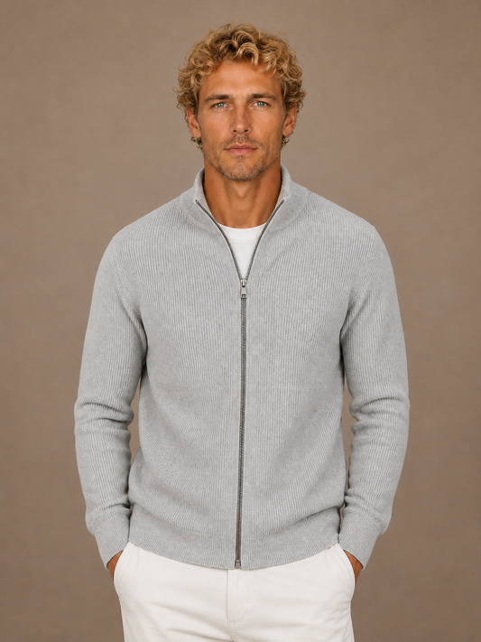 Men’s Ribbed Full Zip Cardigan with Stand Collar – Knitted Sweater for Autumn and Winter - Light Grey