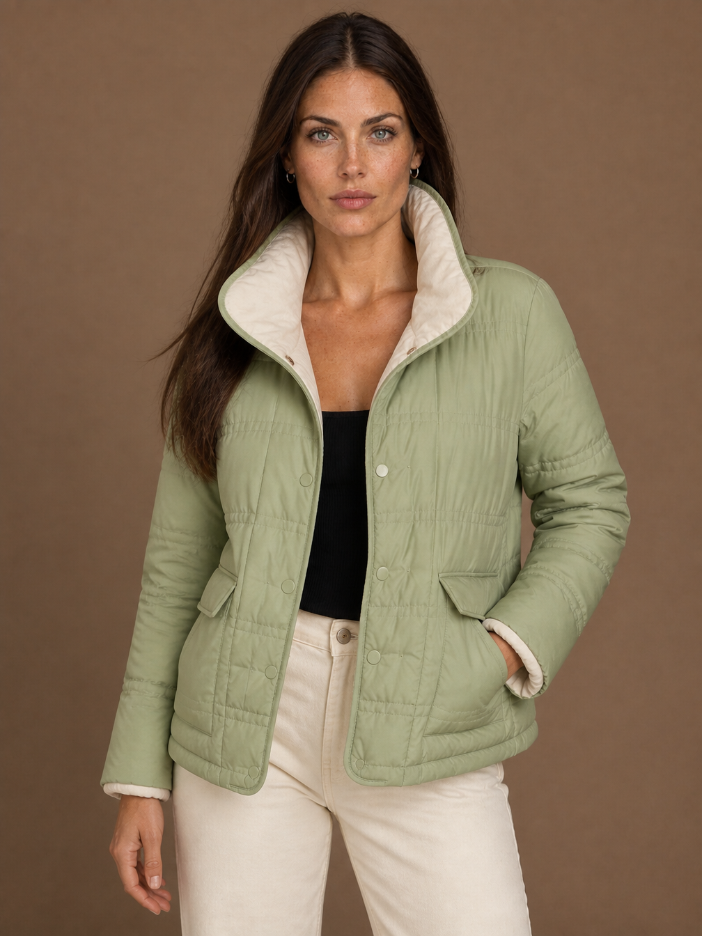 Women's Reversible Quilted Duck Down Jacket with Snap Buttons - Lime