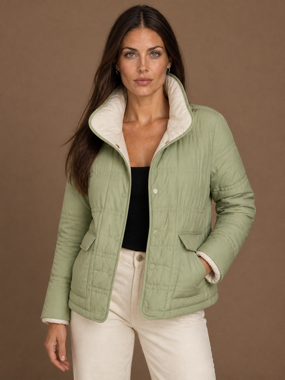 Women's Reversible Quilted Duck Down Jacket with Snap Buttons - Lime
