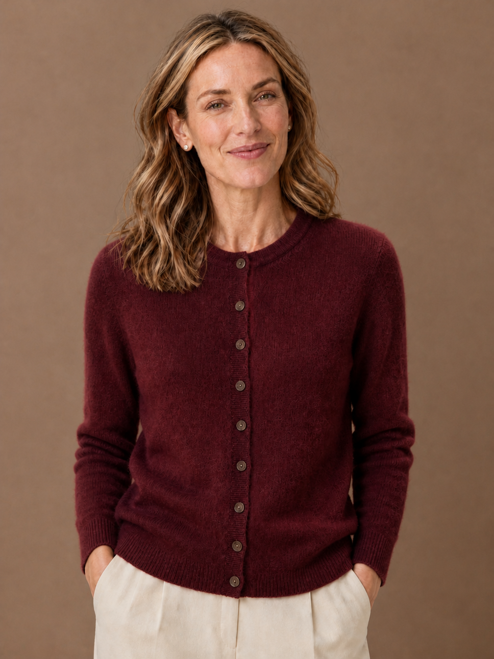 Women's Merino Wool Blend Cardigan - Button Front Knitted Sweater - Maroon
