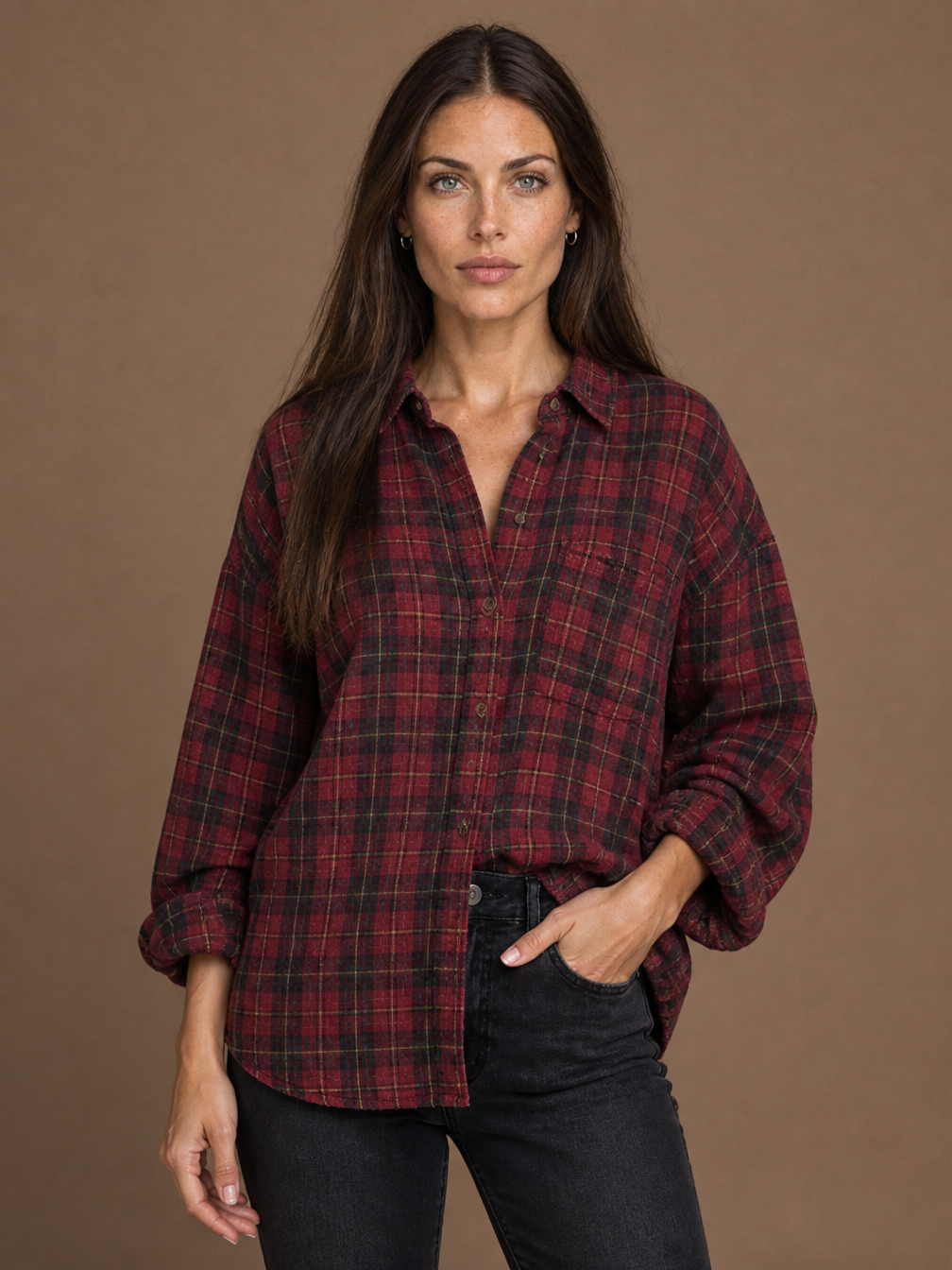 Women’s Plaid Flannel Shirt Oversized Fit Button Front Lantern Sleeves - Maroon