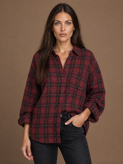 Women’s Plaid Flannel Shirt Oversized Fit Button Front Lantern Sleeves - Maroon