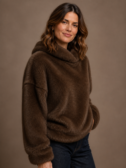 Women's Brown Oversized Faux Fur Hoodie Pullover