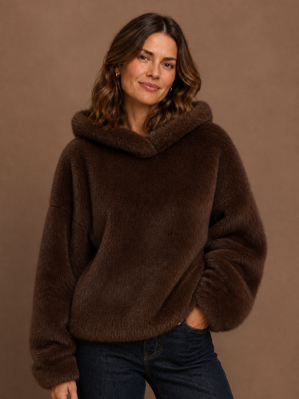 Women's Brown Oversized Faux Fur Hoodie Pullover