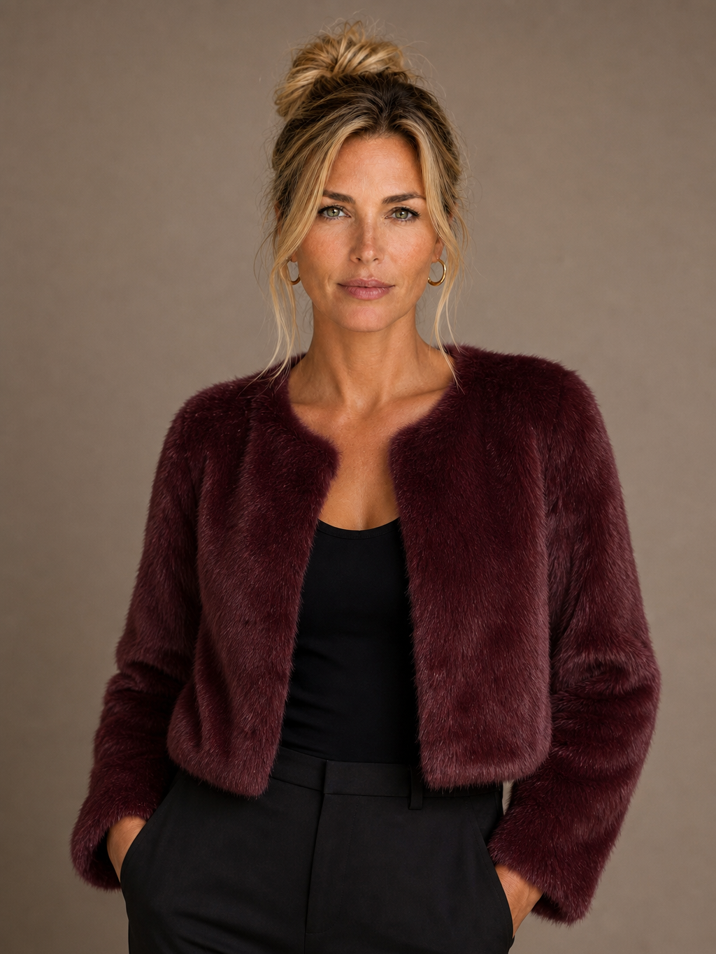 Women's Short Coat Soft Faux Fur Round Neck Straight Cut Ladies Jacket