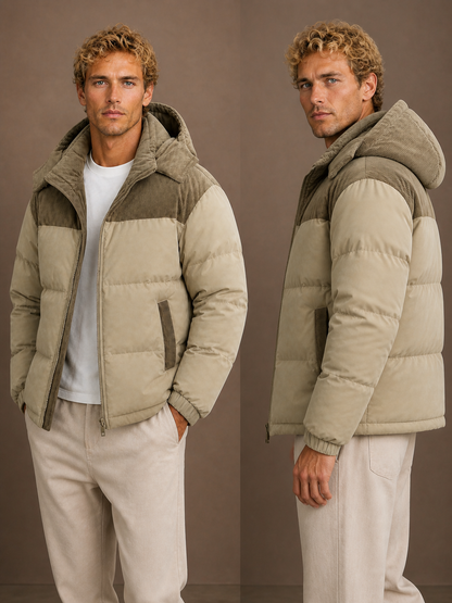 Men's Hooded Winter Autumn Puffer Jacket with Corduroy Collar
