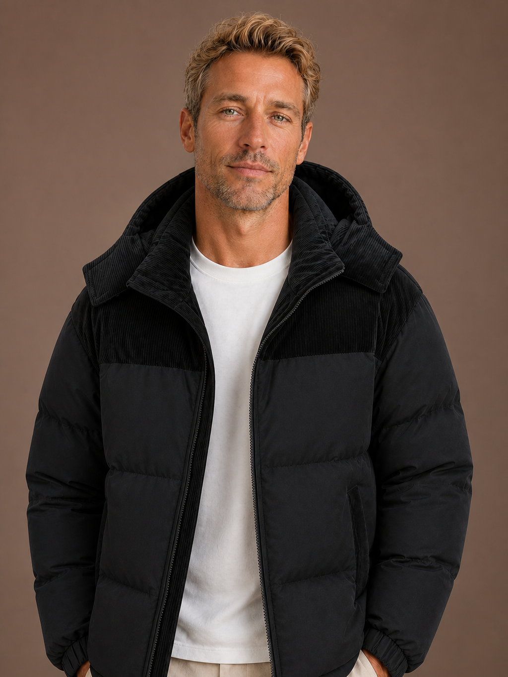 Men's Hooded Winter Autumn Puffer Jacket with Corduroy Collar