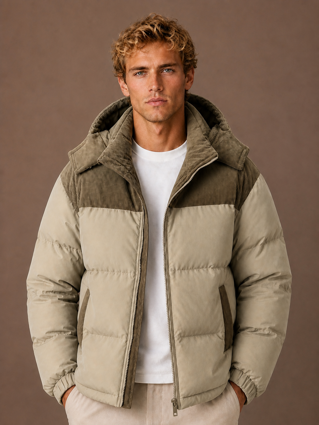 Men's Hooded Winter Autumn Puffer Jacket with Corduroy Collar