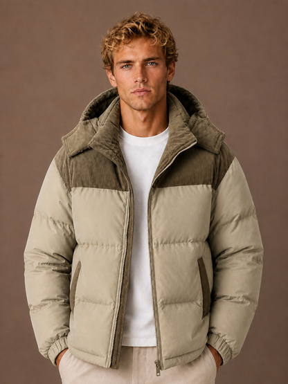 Men's Hooded Winter Autumn Puffer Jacket with Corduroy Collar