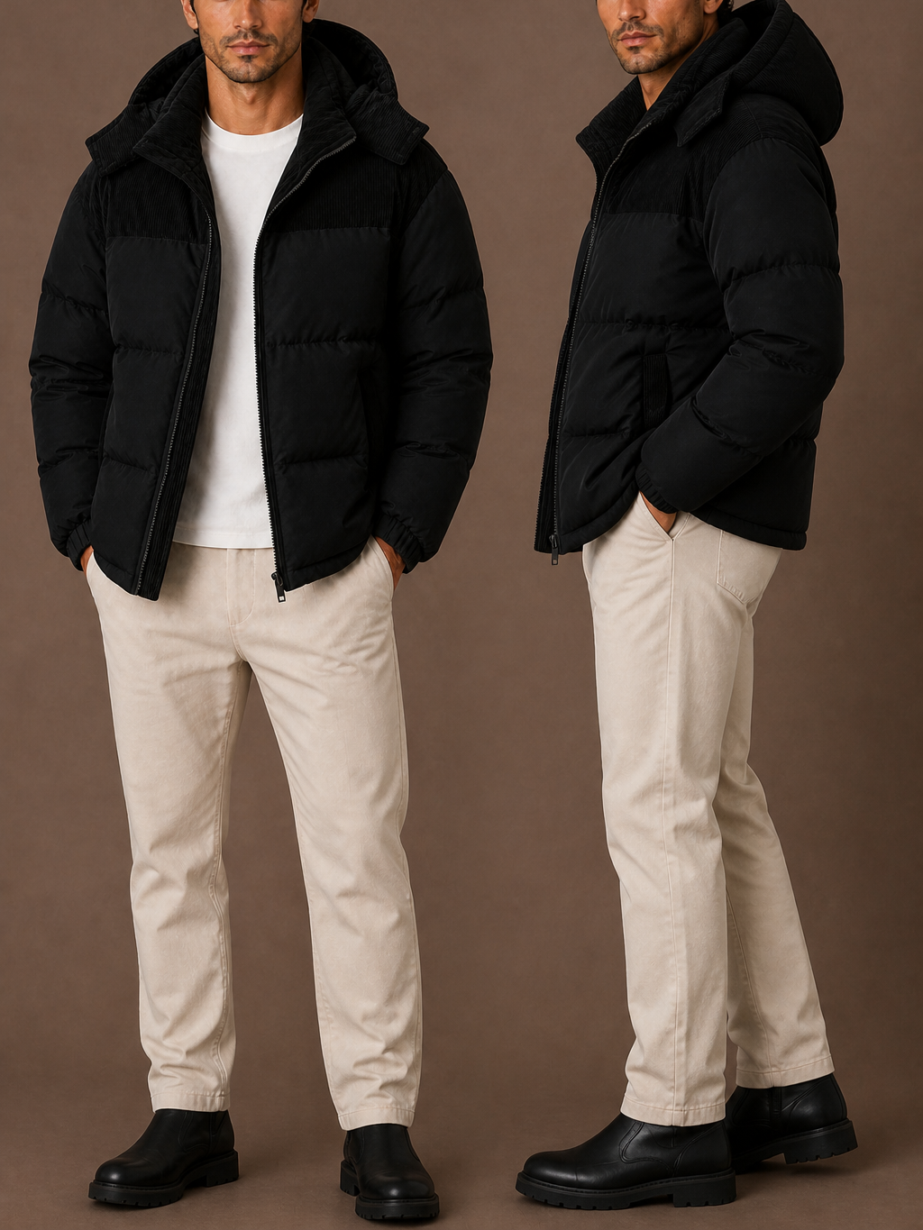 Men's Hooded Winter Autumn Puffer Jacket with Corduroy Collar