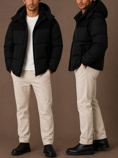 Men's Hooded Winter Autumn Puffer Jacket with Corduroy Collar