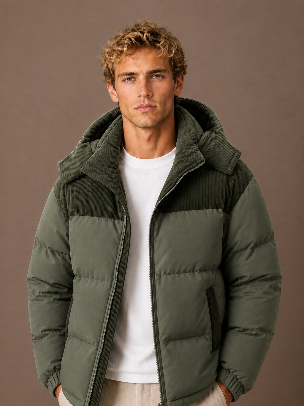 Men's Hooded Winter Autumn Puffer Jacket with Corduroy Collar