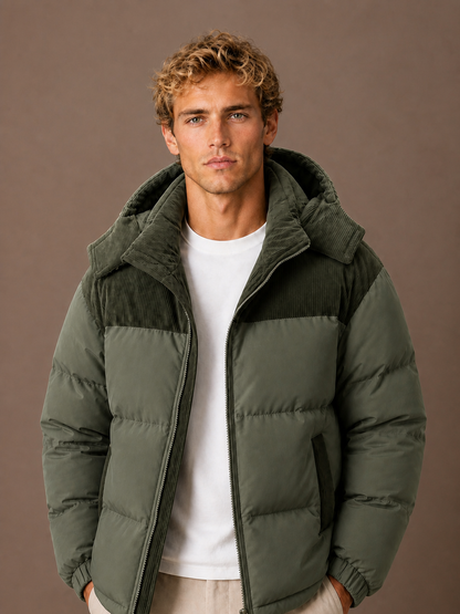 Men's Hooded Winter Autumn Puffer Jacket with Corduroy Collar