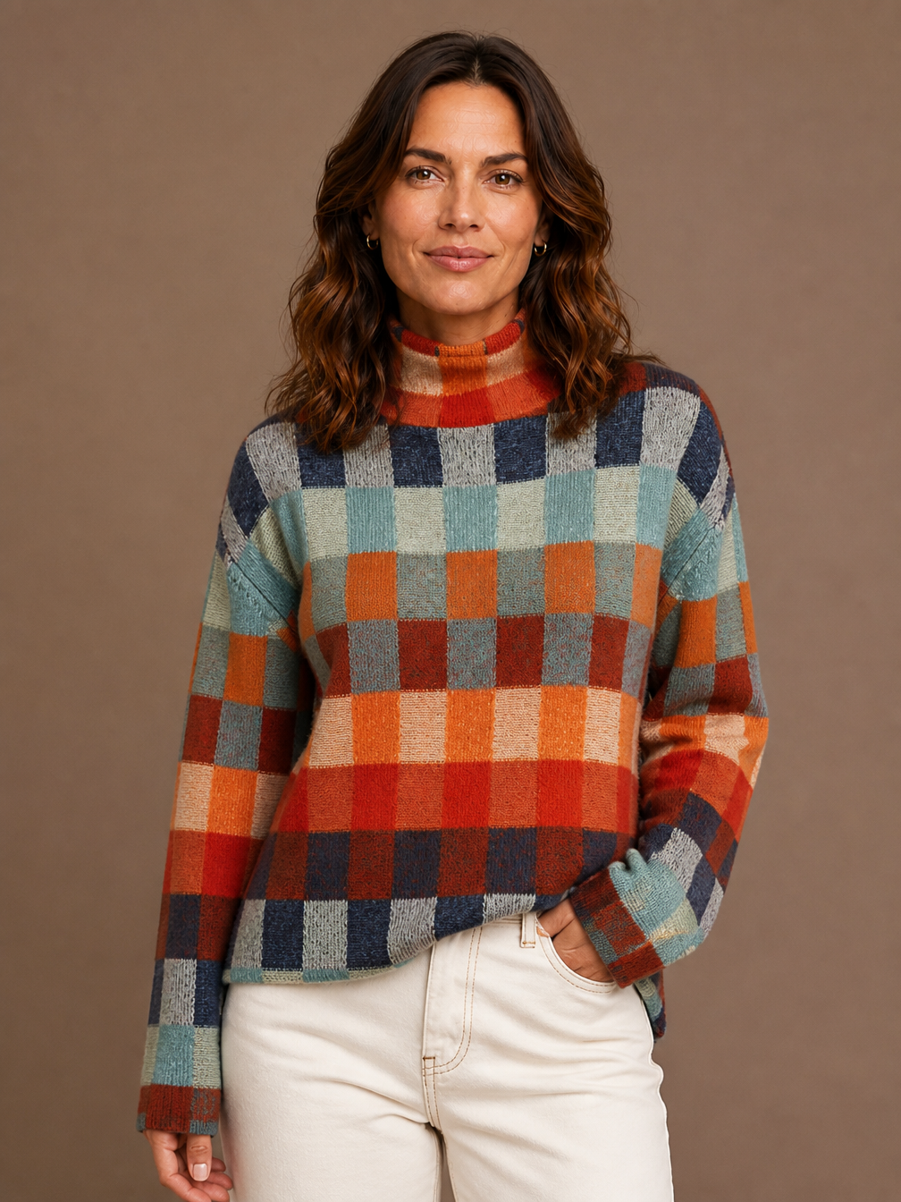 Women's Patchwork Turtleneck Sweater Relaxed Fit Multicolour - Multicolor