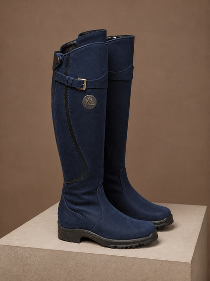 Women’s Brown Knee High Boots – Faux Leather, Buckle Detail, Riding Style - Navy