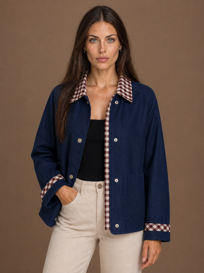 Women's Barn Jacket with Checked Collar - Autumn Winter Outerwear Coat - Navy