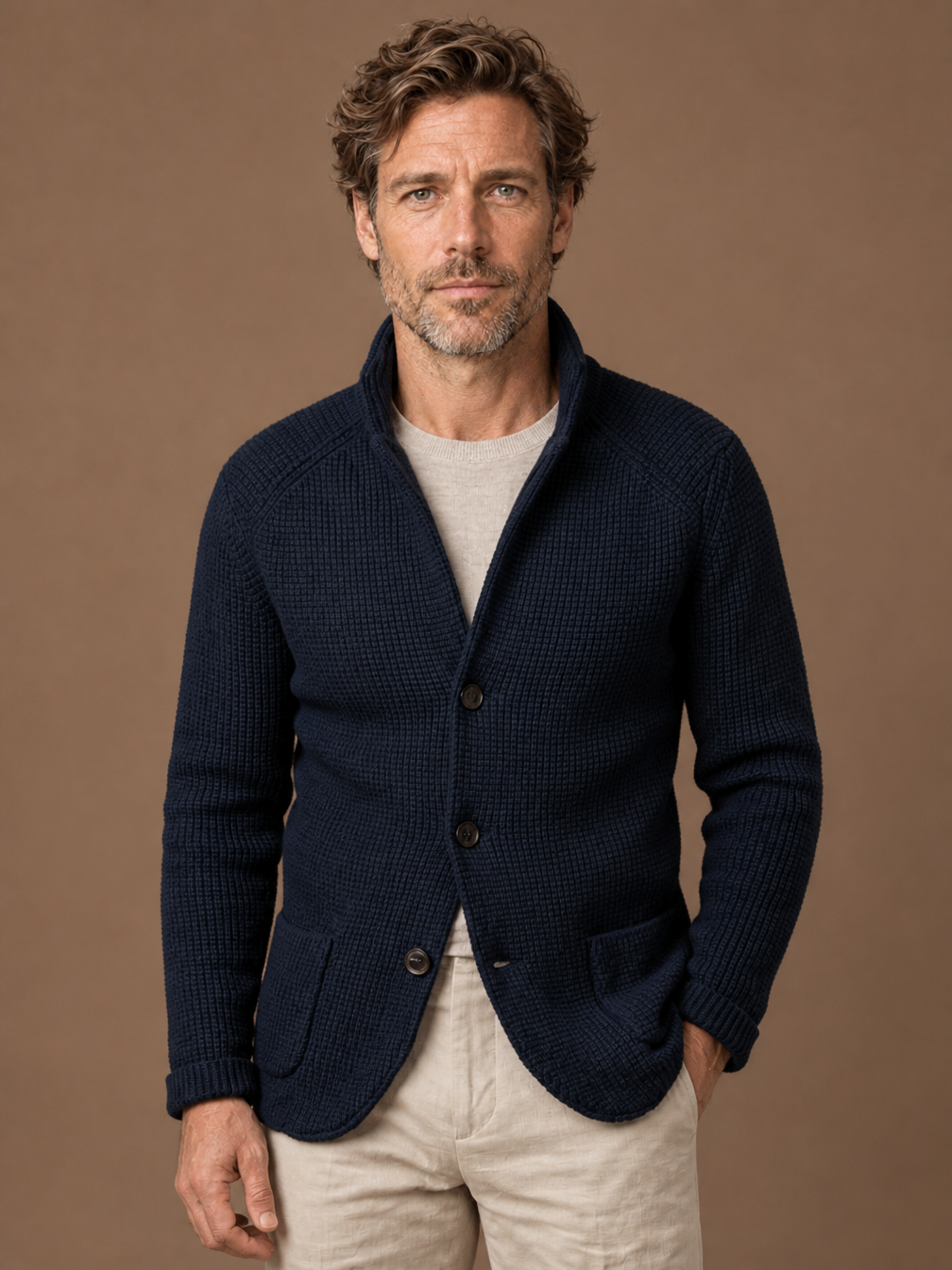 Men's Knitted Cardigan - Button up Knit Sweater with Stand Collar - Navy