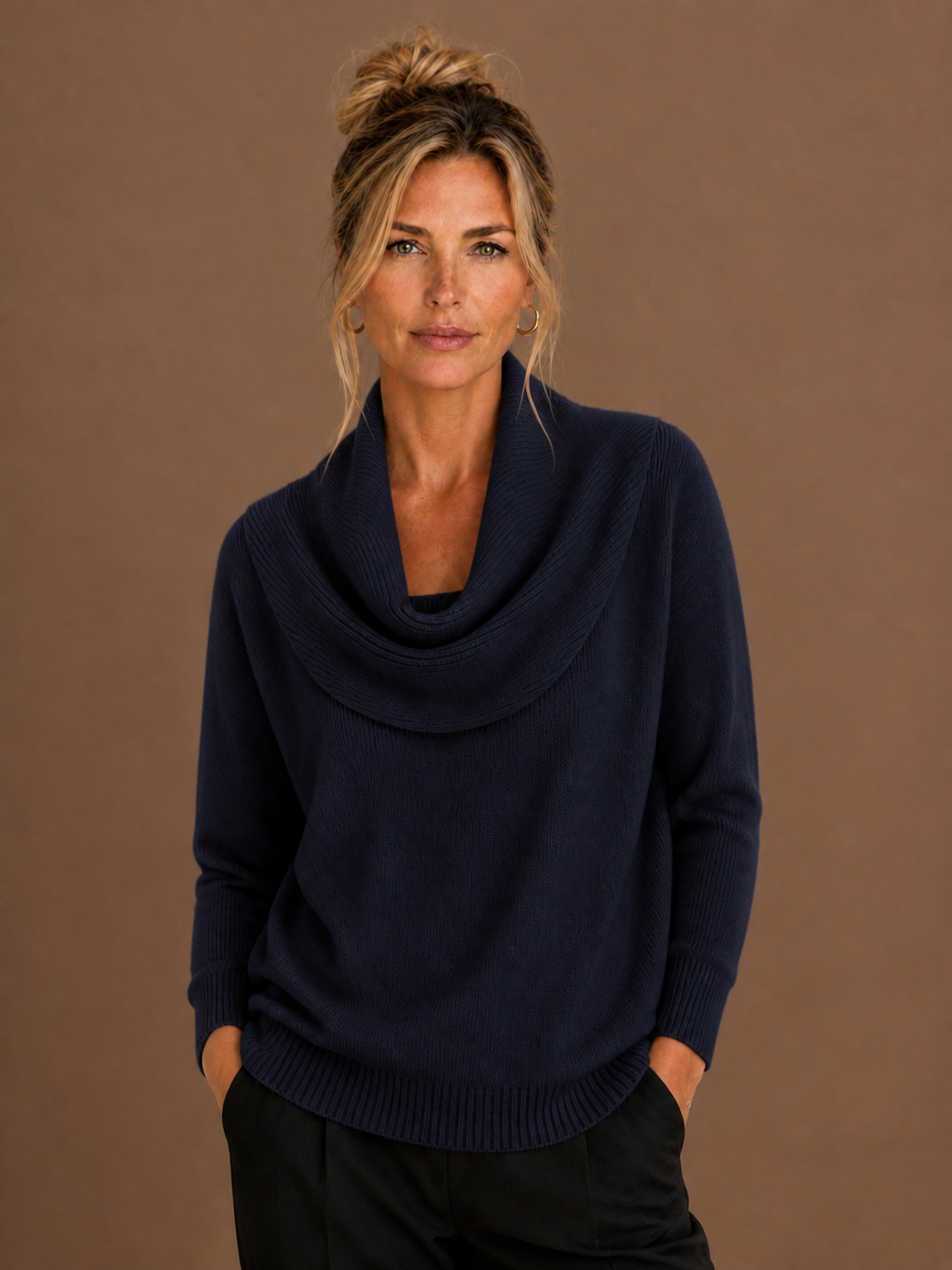 Women's Cowl Neck Knit Sweater Relaxed Pullover - Navy