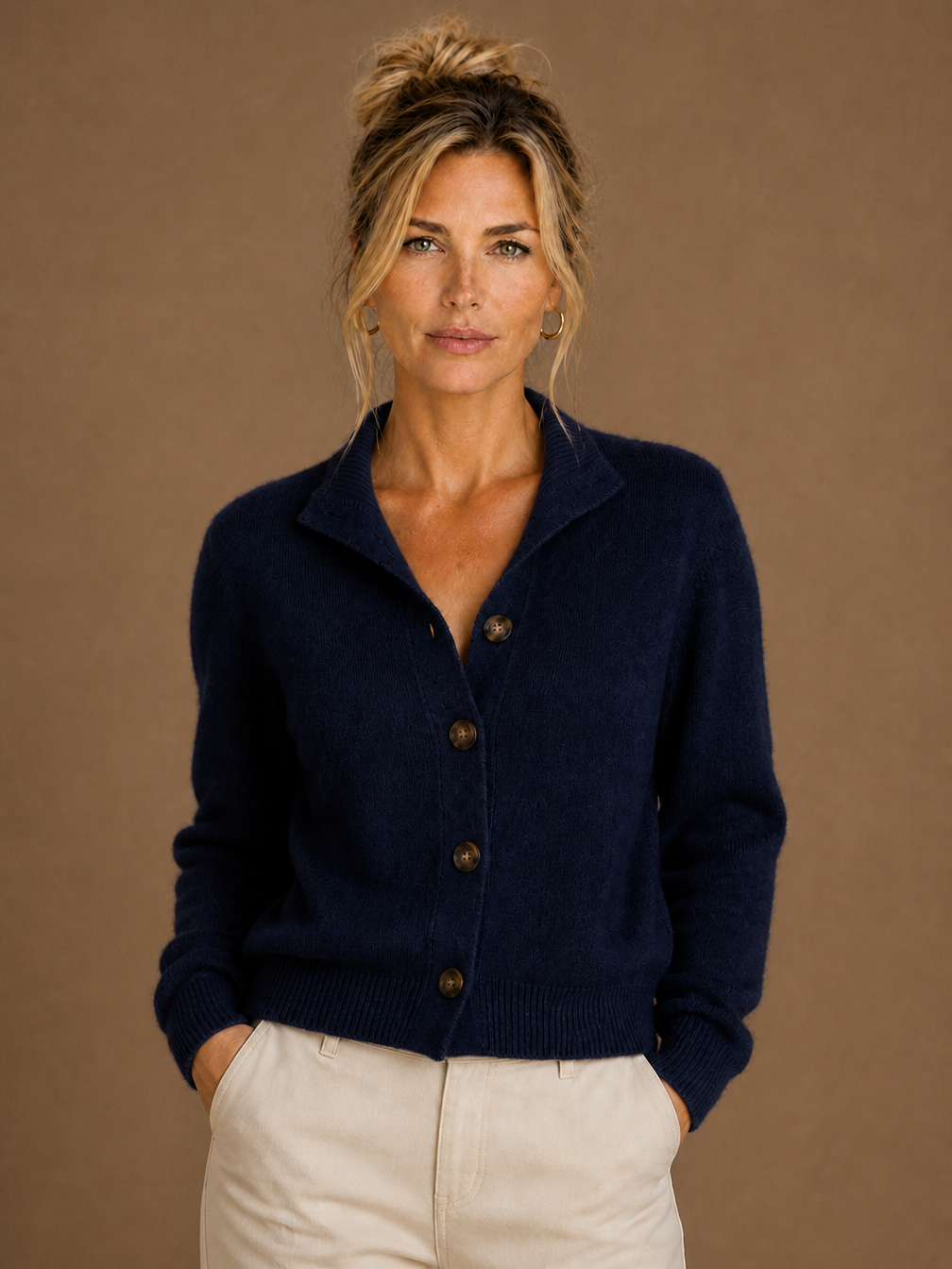 Women's Thick Cashmere Blend Cardigan with Bold Buttons and Half-High Neck - Navy