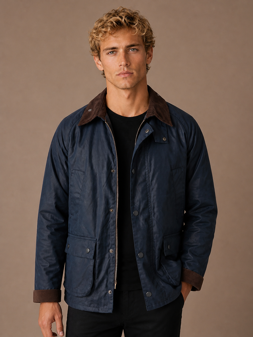 Men’s Oil-Waxed Style Jacket with Corduroy Collar, Loose Fit Zip-Front Workwear Jacket - Navy
