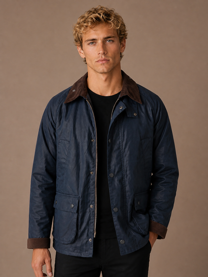 Men’s Oil-Waxed Style Jacket with Corduroy Collar, Loose Fit Zip-Front Workwear Jacket - Navy