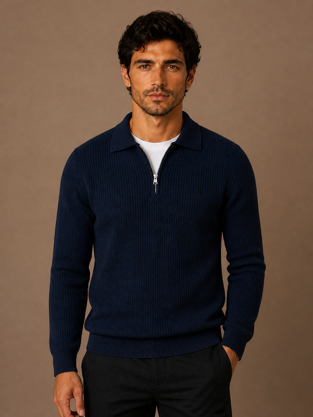 Men's Quarter-Zip Waffle Knit Sweater Fitted Stand Collar Jumper - NAVY