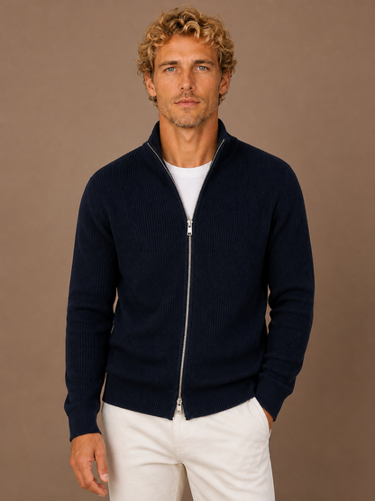 Men’s Ribbed Full Zip Cardigan with Stand Collar – Knitted Sweater for Autumn and Winter - Navy