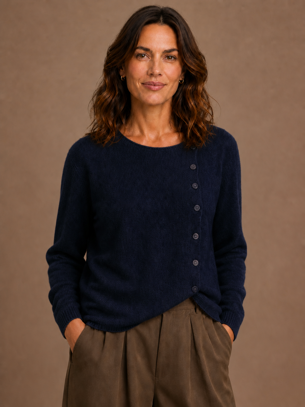 Women's Asymmetric Button Cashmere Sweater - Long Sleeve Lightweight Breathable Knit Cardigan - Navy
