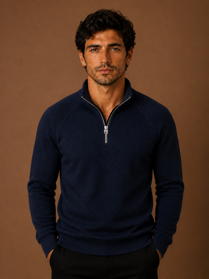 Men's Quarter-Zip Fleece Sweatshirt with Stand Collar- Ribbed Texture Zipper Jumper - Navy