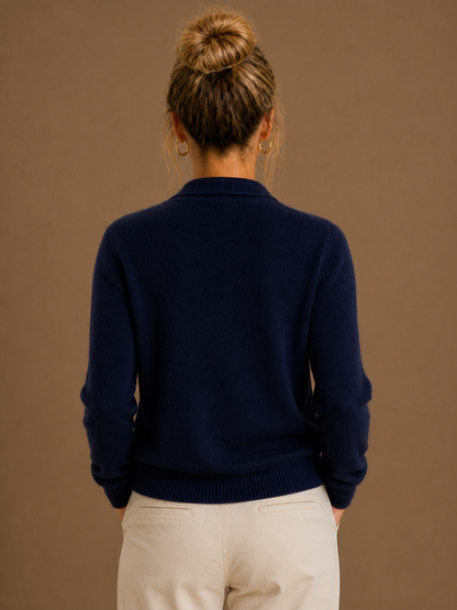 Women's Thick Cashmere Blend Cardigan with Bold Buttons and Half-High Neck - Navy - Back View [AI-OPT:e8b32118-64a0-4cb7-b322-d6a618a4344c]