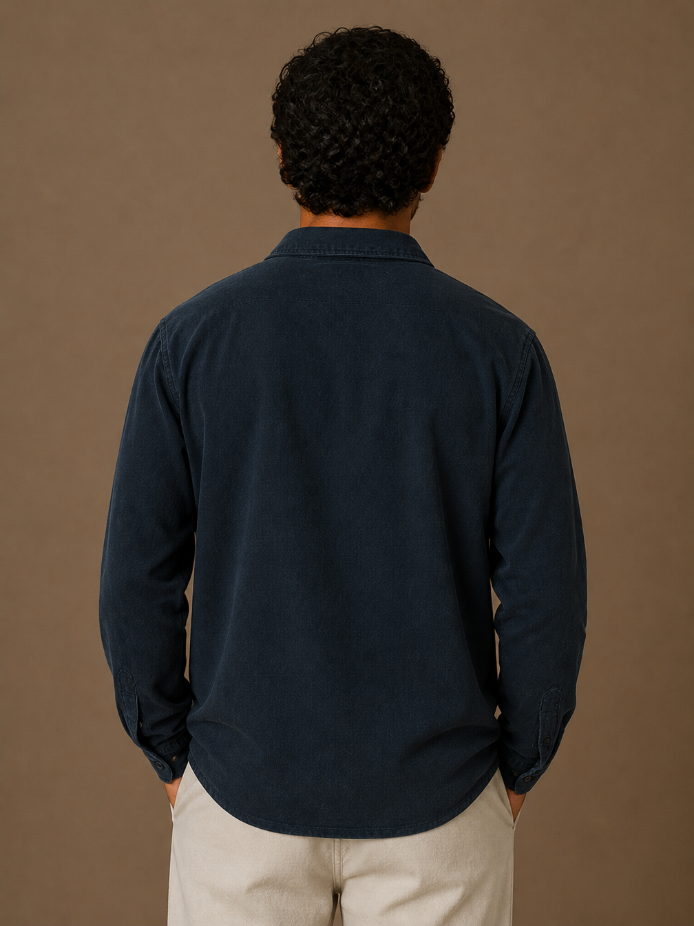 Men's Popover Shirt Cotton Linen Blend Half Button Chest Pocket Relaxed - Navy - Back View [AI-OPT:c30079d0-97ac-4f21-aab7-4350b0139d35]