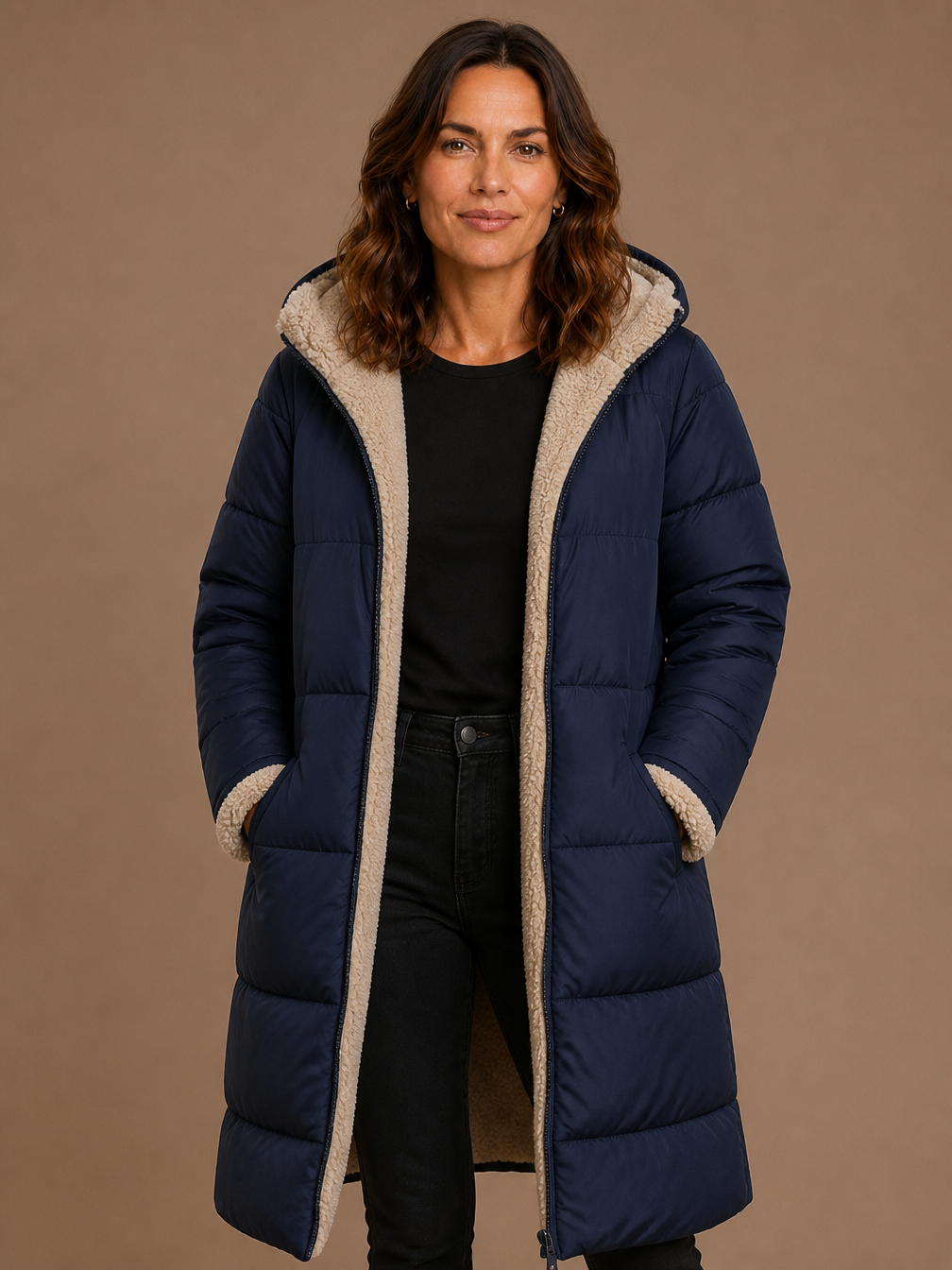 Women's Quilted Longline Coat with Hood and Sherpa Lining - Navy Blue