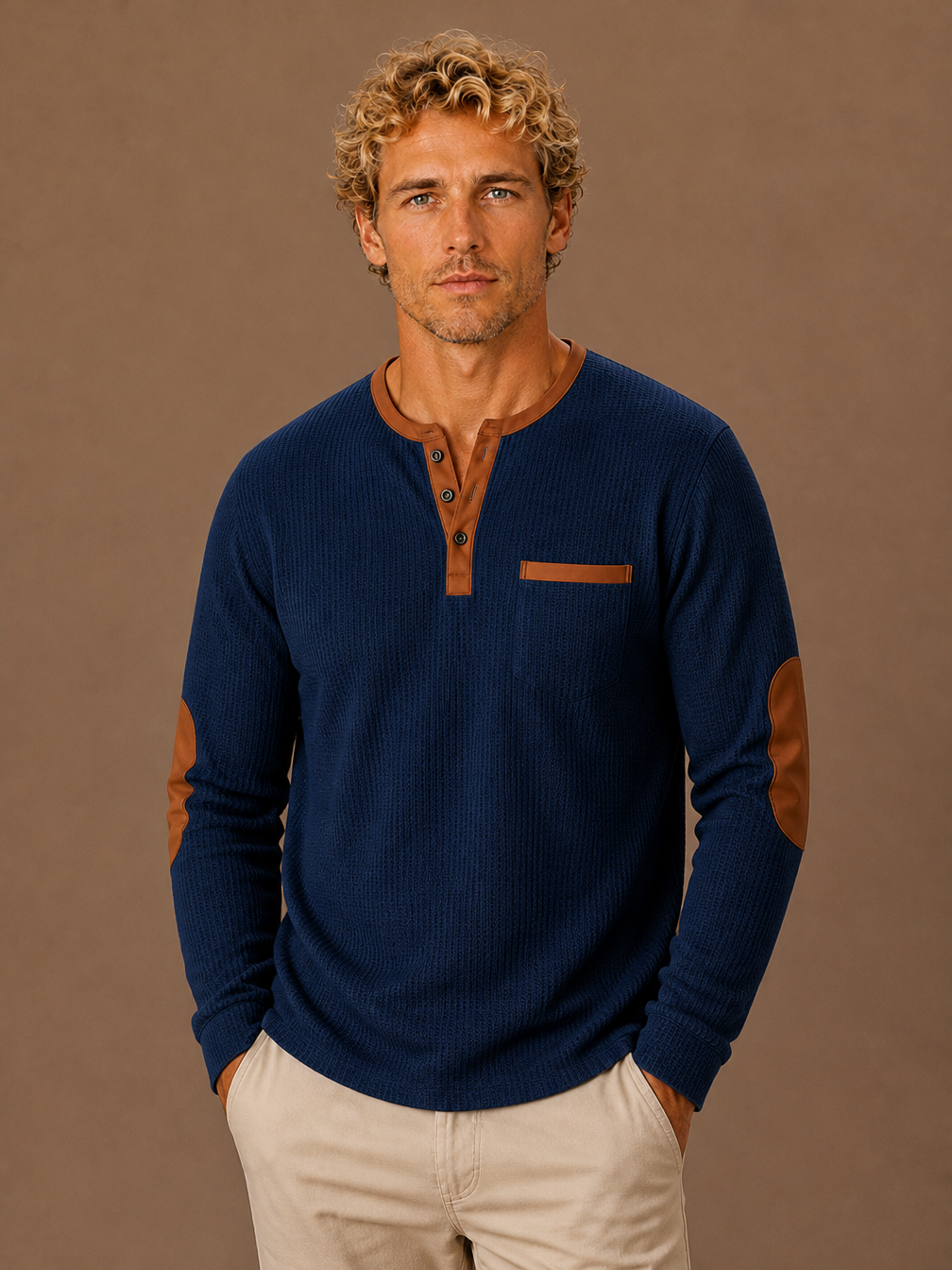 Men's Waffle Knit Henley Shirt Long Sleeve Textured Layering Top - Navy