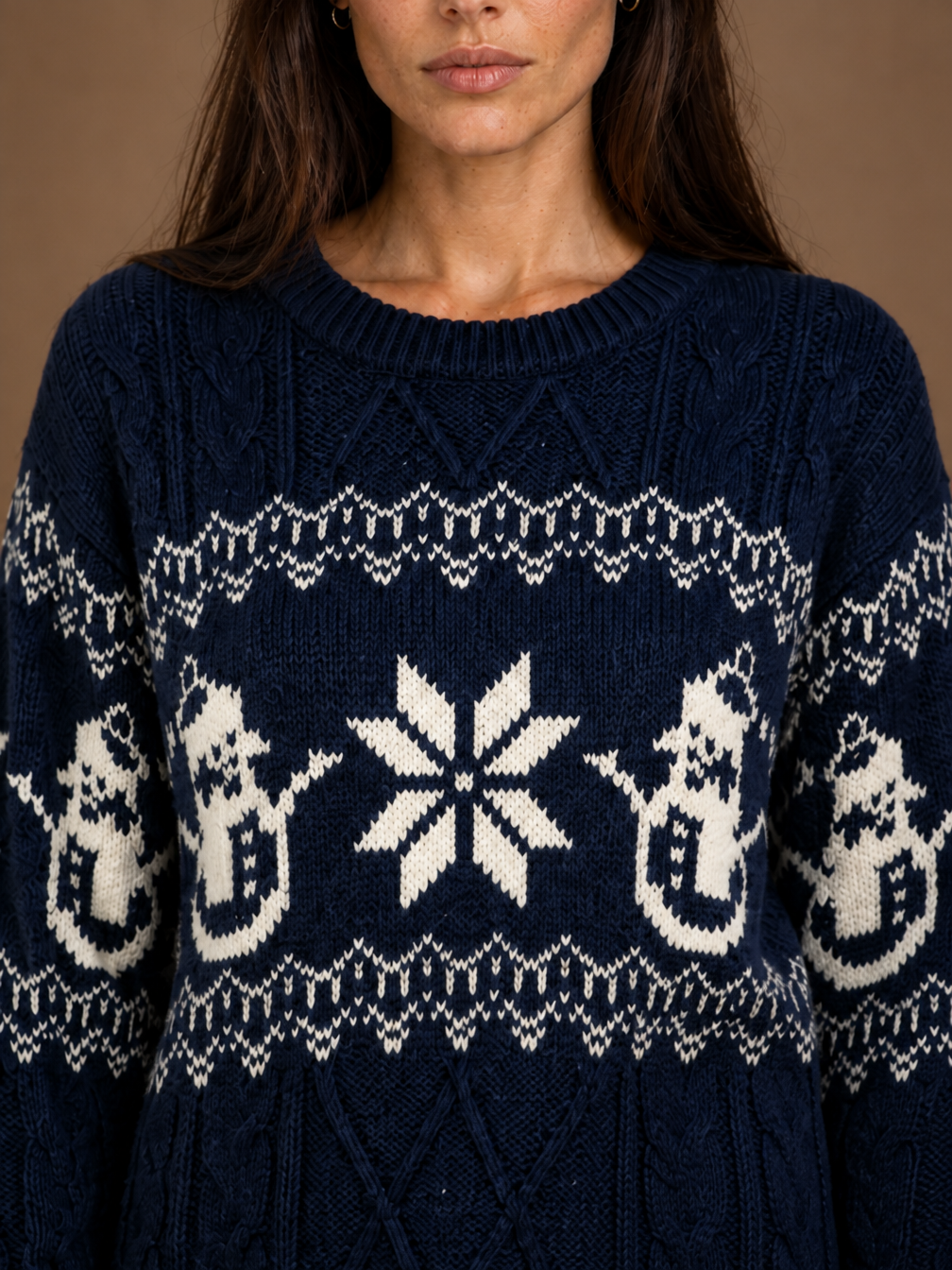 Women's Christmas Snowman Sweater, Cable Knit Fair Isle Crew Neck Pullover - Navy - Detail Close-Up [AI-OPT:5d045062-874c-4929-bdca-fc6a6510f83b]